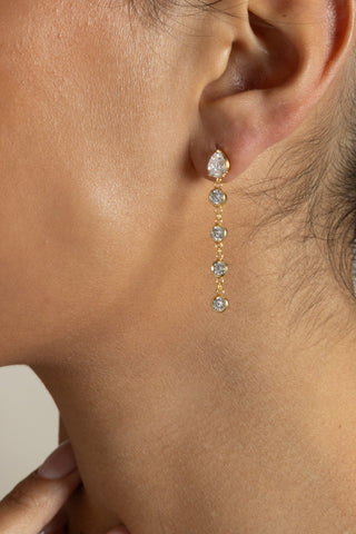 Close-up of an ear wearing a gold plated Sedna Earrings, earring with multiple gemstones.
