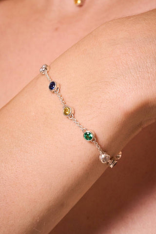 Close-up of a silver bracelet with colorful bezel-set stones on the wrist, paired with a yellow gemstone necklace.

Primer plano de una pulsera plateada con piedras de colores engastadas en bisel sobre la muñeca, combinada con un collar de gema amarilla.