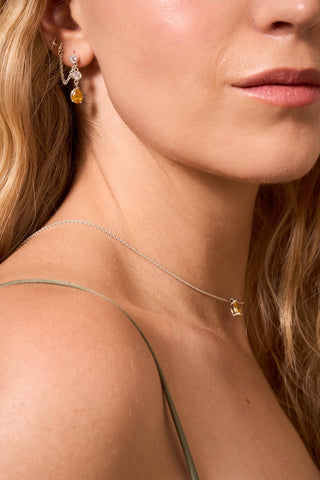 Side view of Astra earrings in silver with dangling yellow stone.

Vista lateral de los aretes Astra en plata con piedra colgante amarilla.