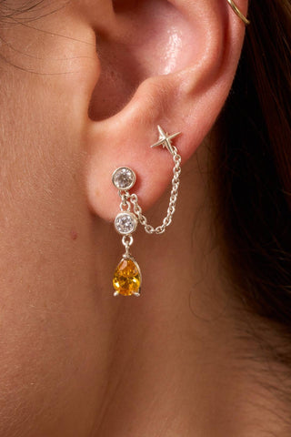 Close-up of Astra earrings in silver with bezel-set stones.

Primer plano de los aretes Astra en plata con piedras engastadas.