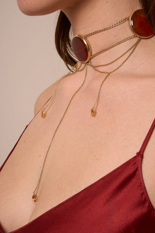Side view of the ZOGO Roya Gold choker in 14k gold vermeil with layered chains and polished Agate stones.